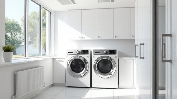 Modern laundry room with organization hacks and bright decor.