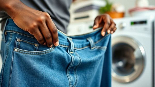 Person inspecting jeans before washing, care for jeans before washing.