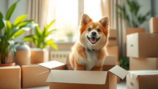 Fluffy dog in box for packing tips for moving.