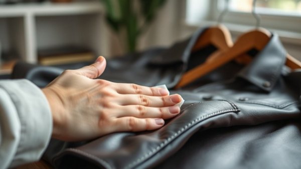 Cleaning a leather jacket at home using a cloth, detailed care.