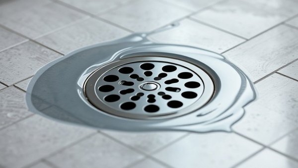 Close-up of standing water around shower drain on tiled floor.