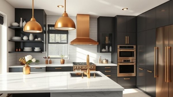 Modern kitchen with mixed metals, brass, and black accents.
