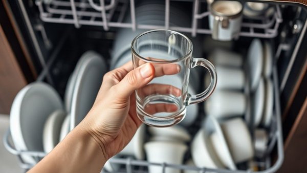 Hand holding glass in dishwasher showcasing cleanliness.