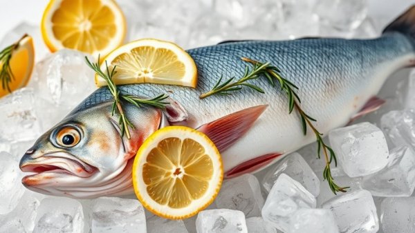 Fresh fish with rosemary and lemons on ice - sustainable seafood choices.