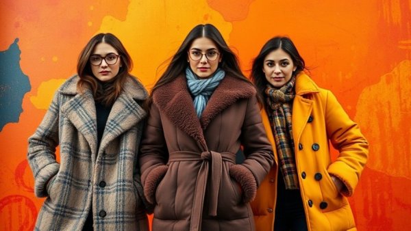 Fashionable winter coats on three women against a vibrant backdrop.