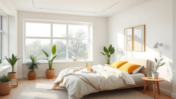 Modern bedroom decor with natural light and plants, showcasing minimal design mistakes.