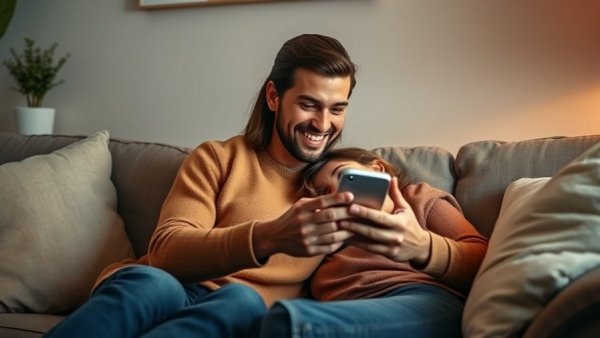 Couple smiling and sharing a smartphone on a couch, How to Comfort Someone Over Text.