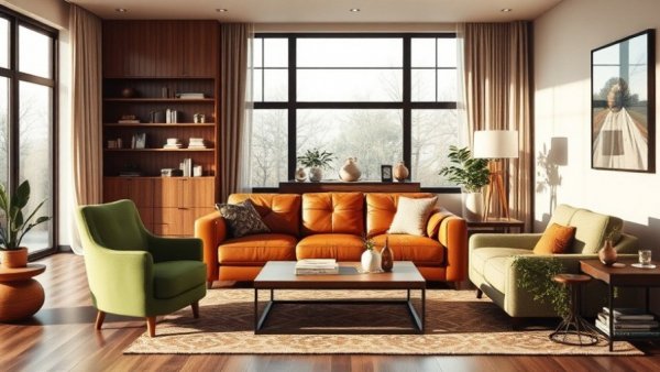 First home essentials: stylish living room with a leather sofa.