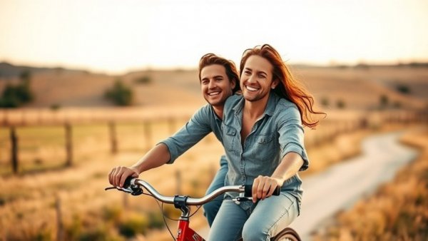 Joyful couple on bicycle promoting holiday financial stress management.