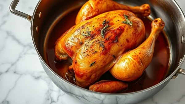 Golden roast chicken in pan on marble surface.