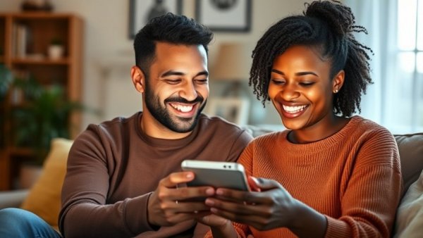 Happy couple exploring marriage resources on a smartphone in a cozy setting.