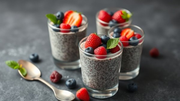 Chia seed pudding with berries highlighting health benefits.