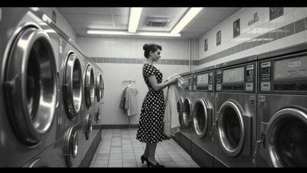 Vintage laundromat scene with classic washing machines.