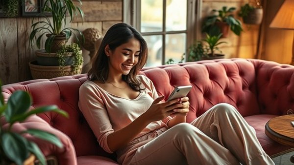 Woman finds vintage treasures on Facebook Marketplace, relaxing on a pink couch.