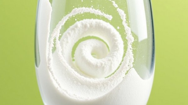 Clear protein powder dissolving in a glass with a lime green background.