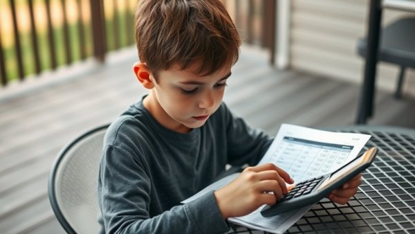 Child budgeting with worksheet and calculator outdoors.