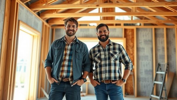 Home renovation scene with two men in work attire posing in a partially constructed house.
