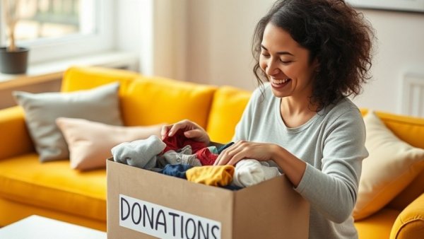 Woman organizing items in cozy room for donation.