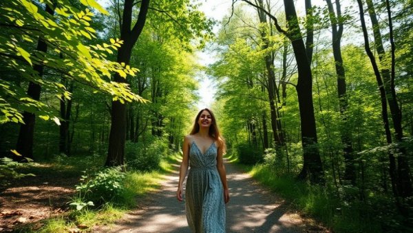 Woman walking in nature for hobbies, health and happiness.