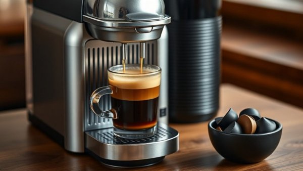 Nespresso machine brewing espresso on a wooden table.
