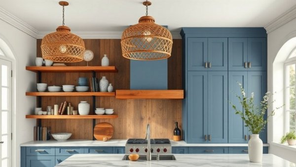 Interior Designers Notice Kitchen Features: wicker lights, blue cabinets.