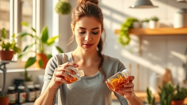 Young woman taking vitamins in a sunny kitchen, related to Vitamins Doctors Say You Should Take Together.