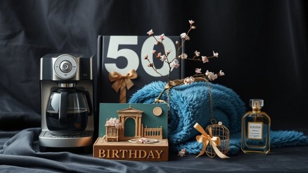 Luxurious 50th birthday gift ideas collection against dark fabric.