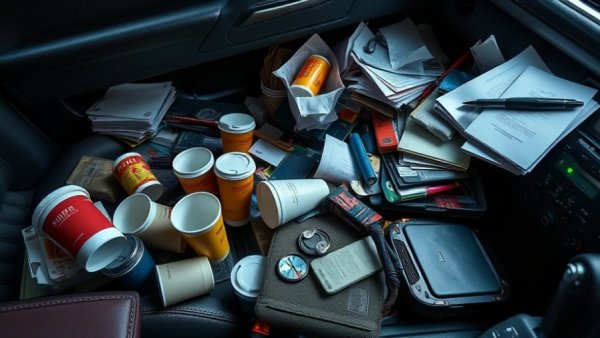Cluttered car interior needing decluttering: things to throw out of your car ASAP.
