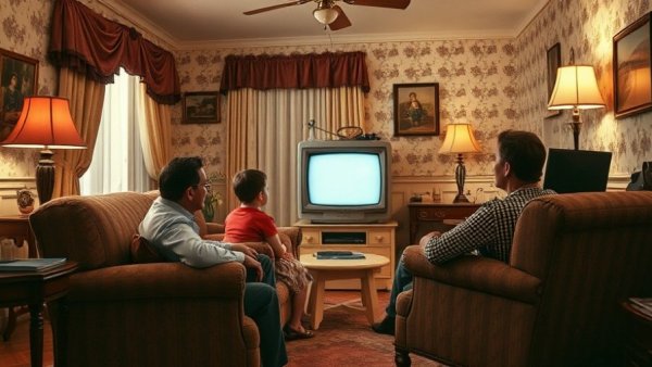 Retro living room showcasing nostalgia decor with family watching TV.