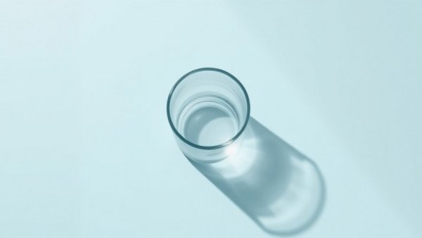 Empty glass casting soft shadow on pastel blue background.