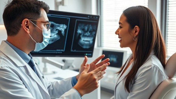 Professional orthodontist explaining digital orthodontic planning with X-ray.