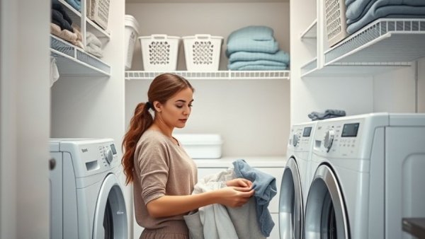 Young woman organizing laundry room with efficient shelving.