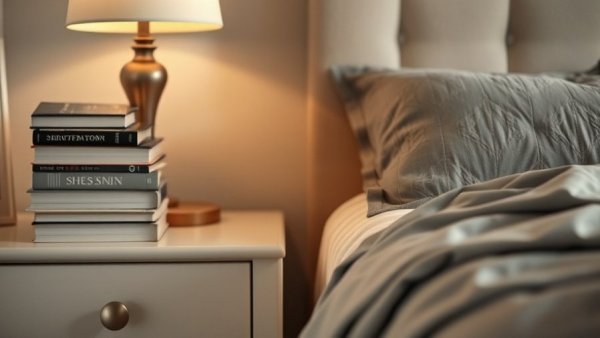 Tidy nightstand with books, lamp, and glasses for decluttering nightstands.