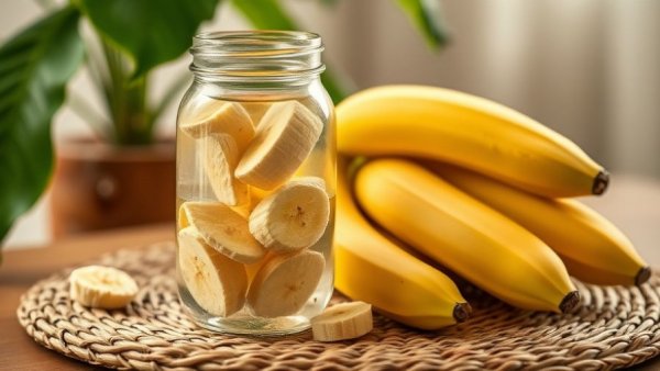 Jar of banana water and bananas on mat, indoor plant setting.