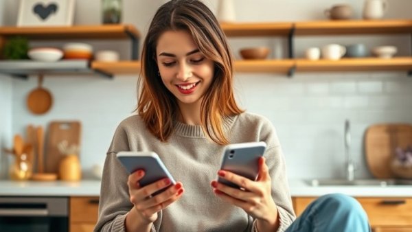 Young woman practicing digital decluttering tips on her phone in a kitchen.
