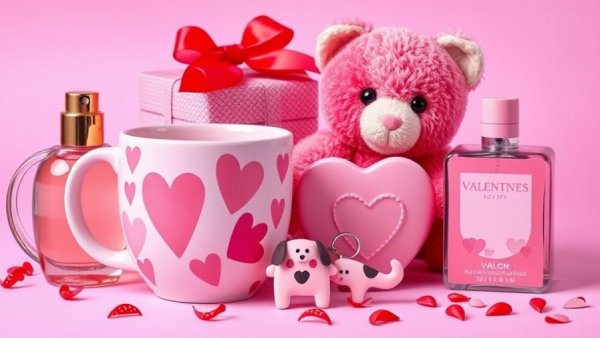 Affordable Valentine's Day gifts under $50, heart mug, plushy, fragrance, keychain.