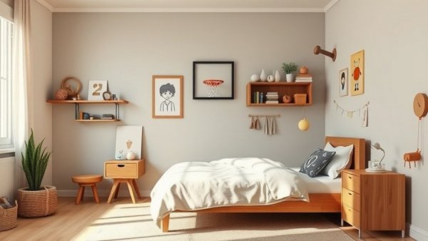 Stylish children's bedroom decor blending modern and earthy tones with playful elements.