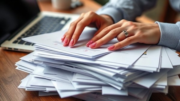 Hands sorting papers near laptop, paper items homeowners should toss.