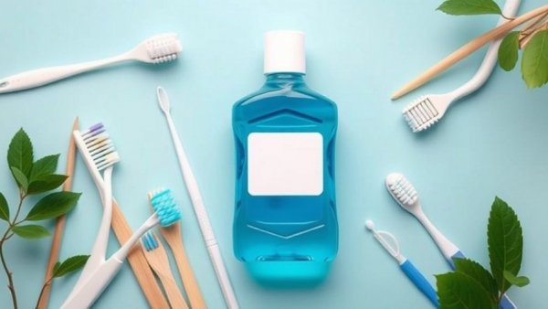 Parodontax mouthwash recall concept with dental tools on blue backdrop