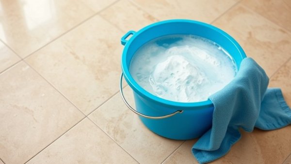 Blue cleaning bucket and cloth for removing paint from tile floors.