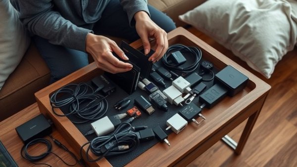 Person organizing cables at home, highlighting items that don't belong.