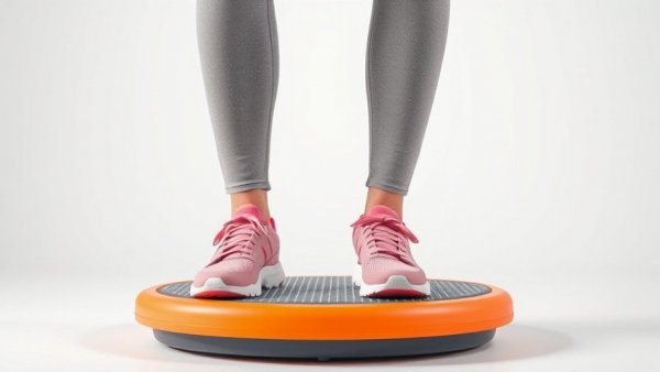 Woman using a vibration plate for fitness exercise.