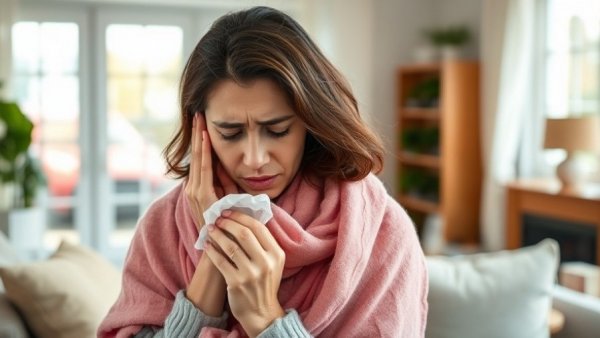 Concerned woman with tissue wrapped in scarf on couch, bright room.