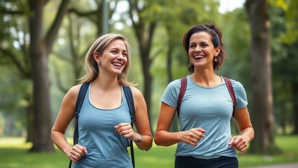 Women walking in park practicing daily exercise for longevity