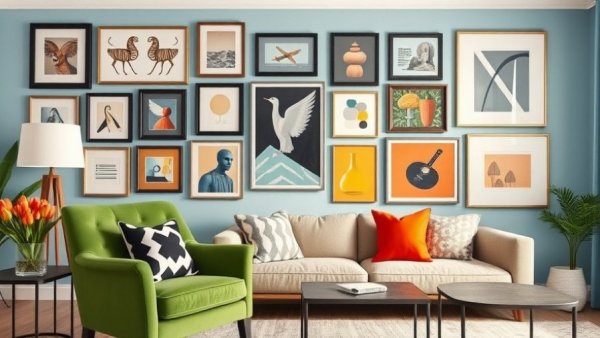 Chic living room with stylish paint colors and gallery wall.