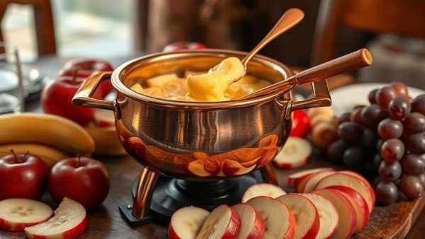 Elegant fondue setup with fruits on wooden table, highlighting fondue vs raclette.