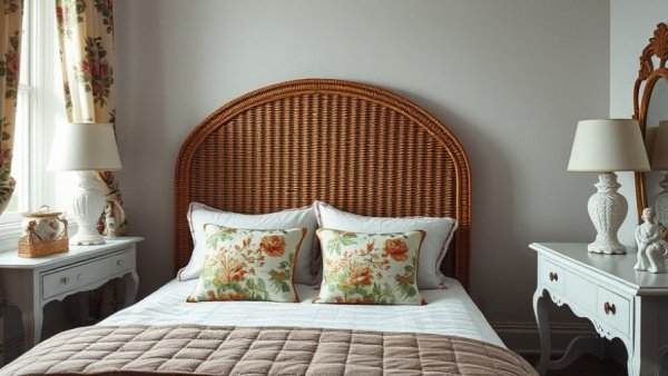 Serene bedroom with bold floral prints in home design features.