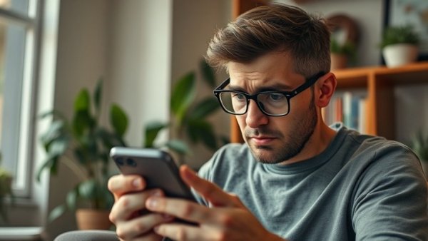 Frustrated man checking phone, stop spam calls concept.