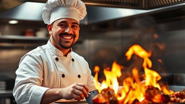 Chef cooking meat in modern kitchen with flames.
