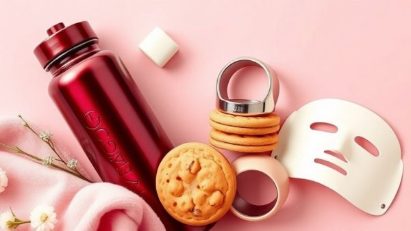Unique self-care gifts better than a spa day, featuring a water bottle, cookies, fitness ring, and lip mask.